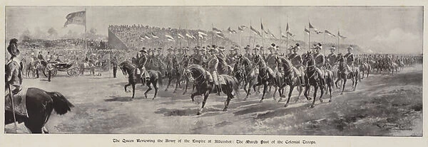 The Queen reviewing the Army of the Empire at Aldershot, the March Past of the Colonial Troops (litho)