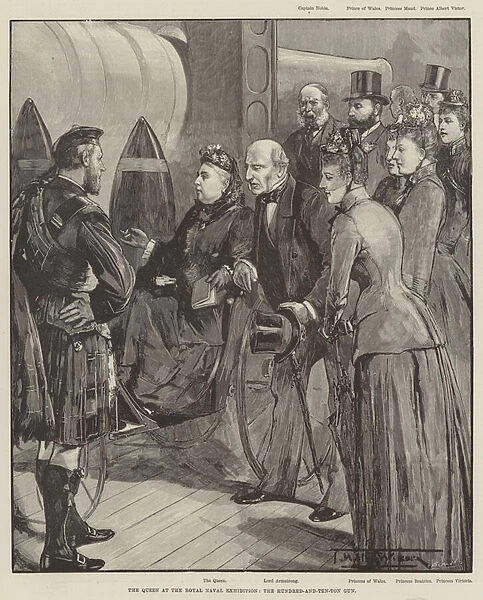 The Queen at the Royal Naval Exhibition, the Hundred-and-Ten-Ton Gun (engraving)