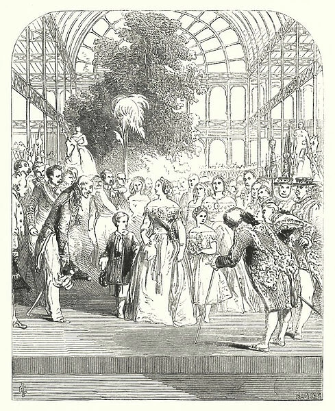 Queen Victoria and her children visiting the Great Exhibition of 1851, Crystal Palace, Hyde Park, London (engraving)