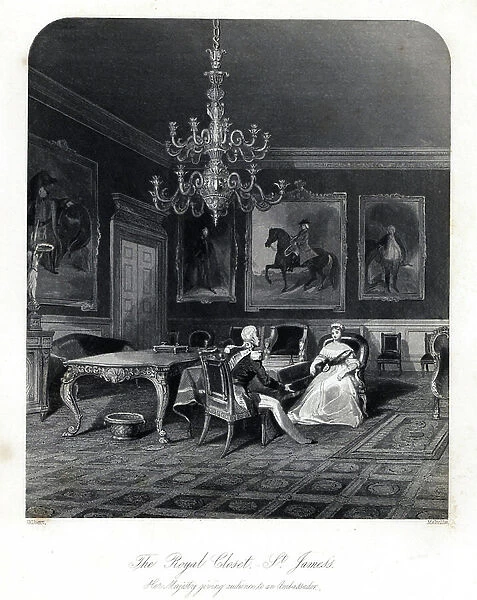Queen Victoria giving audience to an ambassador in the Royal Closet, St. James Palace. Steel engraving by Henry Melville after an illustration by Gilbert from London Interiors, Their Costumes and Ceremonies, Joshua Mead, London, 1841