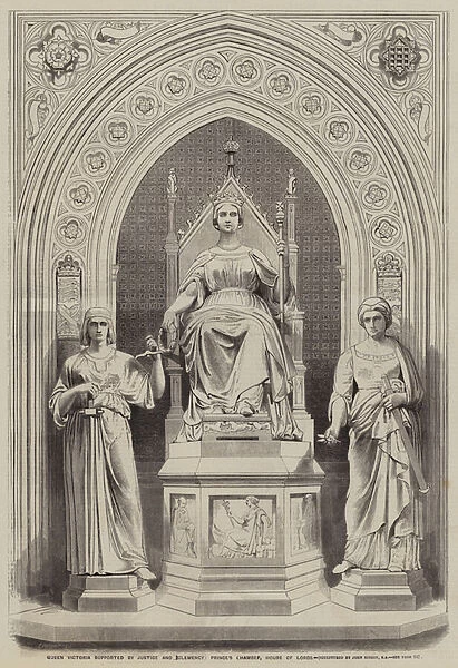 Queen Victoria supported by Justice and Clemency, Princes Chamber, House of Lords (engraving)