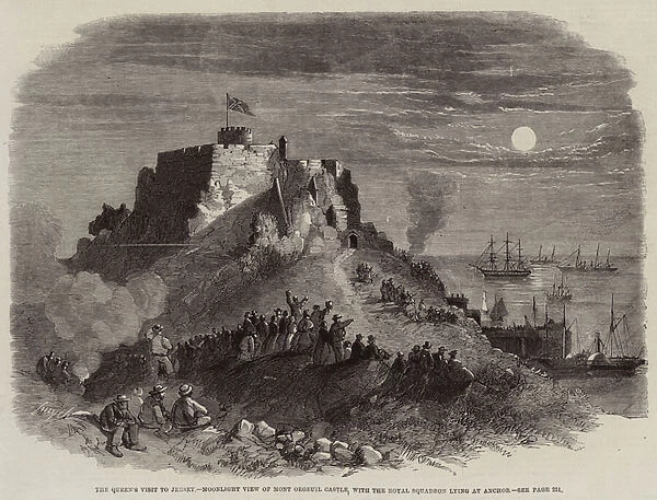The Queens Visit to Jersey, Moonlight View of Mont Orgeuil Castle with the Royal Squadron lying at Anchor (engraving)