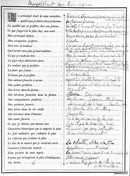 Questionnaire completed by Marcel Proust, 1890 (pen, ink and printed paper)