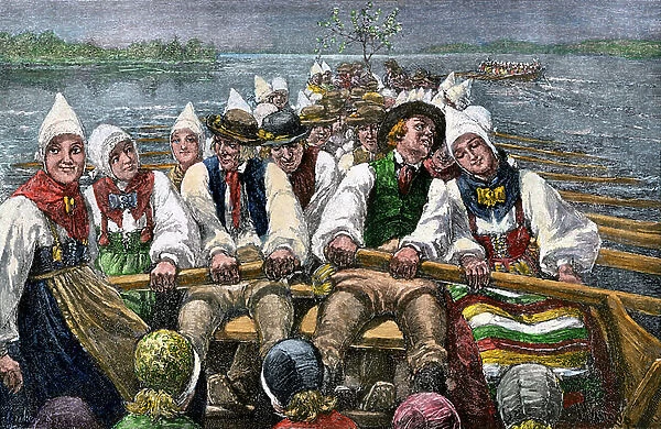 A race between church-boats, Sweden, circa 1800 - Hand-colored woodcut of a 19th-century illustration