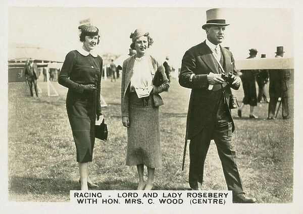 Racing, Lord and Lady Rosebery with Hon Mrs C Wood, centre (b / w photo)