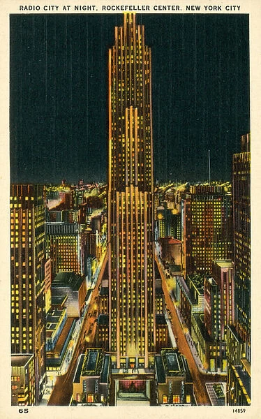 Radio City at night, Rockefeller Center, New York City, USA (colour litho)