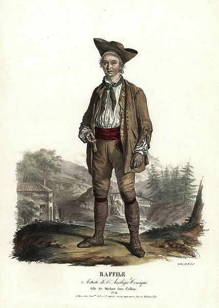 Raffile as Michau in Coelina by Rene Charles Guilbert de Pixerecourt, Ambigu Comique, 1801. Handcoloured lithograph by F. Noel after an illustration by Alexandre-Marie Colin from Portraits d'Acteurs et d'Actrices dans different roles, F