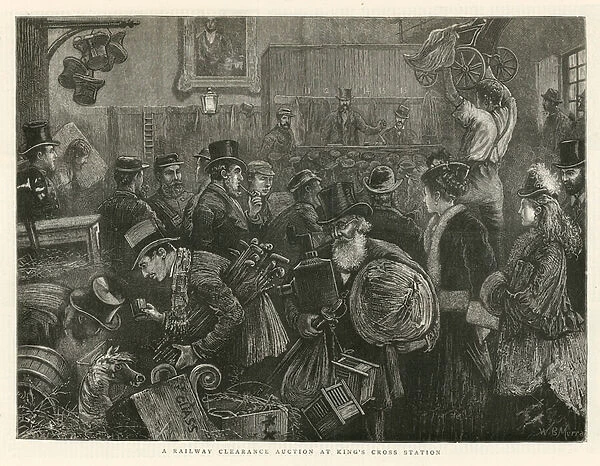A railway clearance auction at Kings Cross Station (engraving)