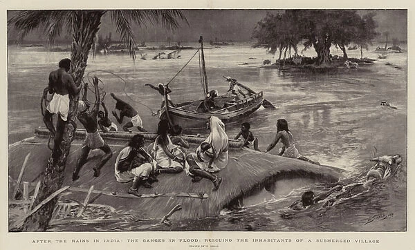 After the Rains in India, the Ganges in Flood, rescuing the Inhabitants of a Submerged Village (engraving)