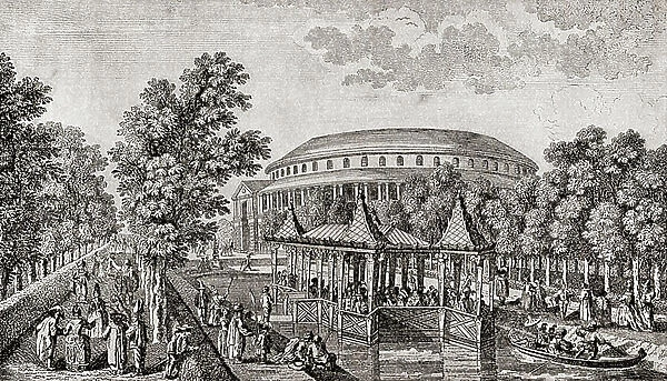 Ranelagh Gardens, Chelsea, London, England. The exterior of the Rotunda at Ranelagh Gardens, the 'Chinese House', and part of the grounds, after the engraving by Thomas Bowles, 1754. From The Story of England, published 1930