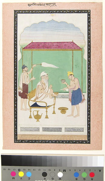 Ranjit Singh seated on a gold chair, attended by a morchal-bearer and served wi, c