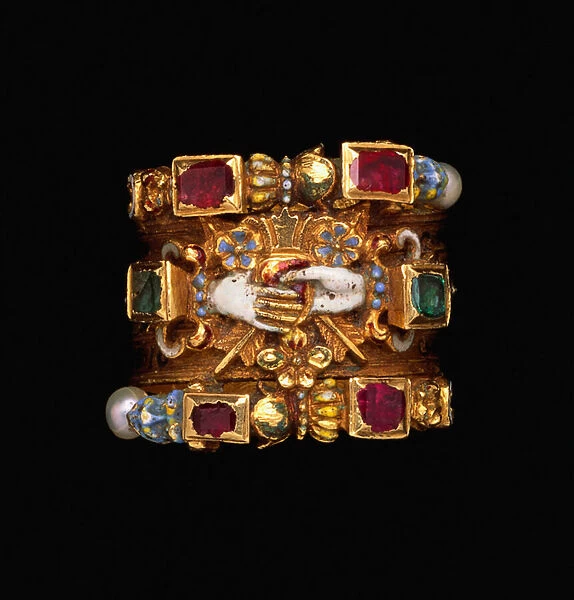 A rare and important Renaissance jewelled gold and enamel dated marriage ring, c