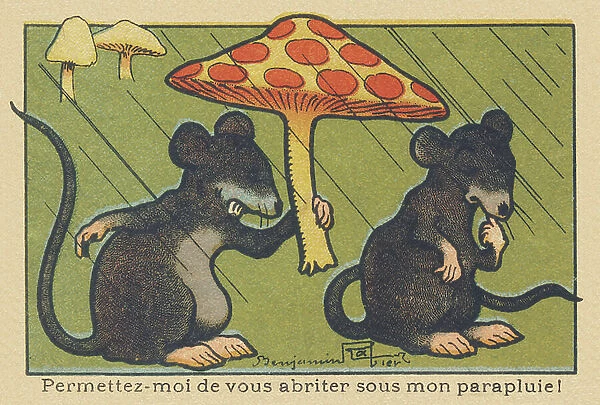 A rat asks a spleen to shelter it under a mushroom. 'Let me shelter you under my umbrella!', 1936 (illustration)