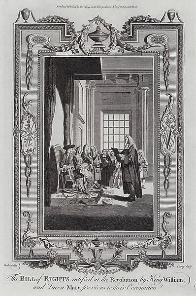 Ratification of the Bill of Rights by King William III and Queen Mary prior to their coronation, 1689 (engraving)