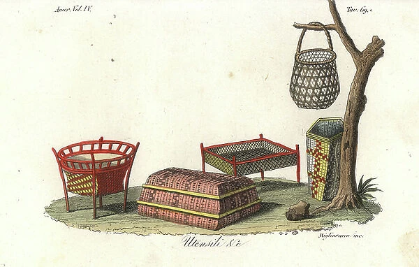 Rattan table and sneakers for food and fish made by the Island Carib or Kalinago people, West Indies. Handcoloured copperplate engraving by Migliavacca from Giulio Ferrario's Costumes Antique and Modern of All Peoples