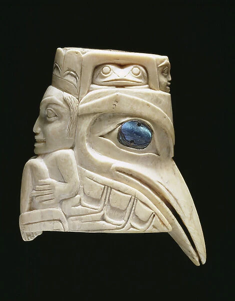 Raven and crouching figure and masks, 19th century (walrus ivory and shell inlay)