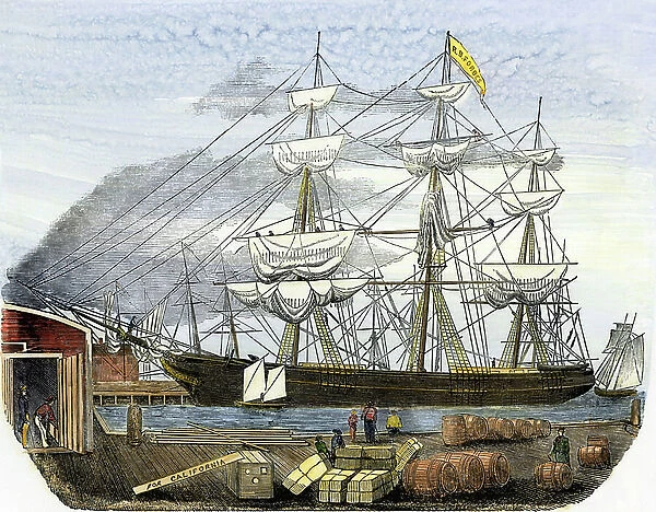 R.B. Forbes Clipper ship in Boston loading cargo to California, 1851. Colour engraving of the 19th century
