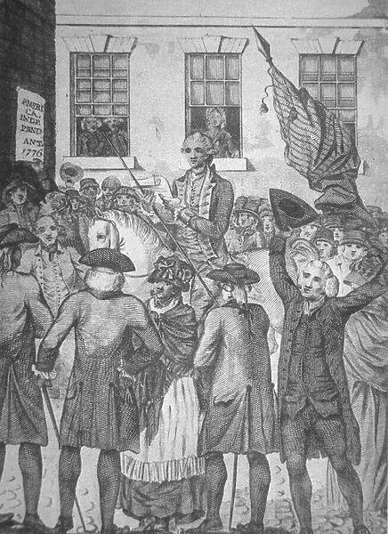Reading the Declaration of Independence to the public in 1776 (litho)