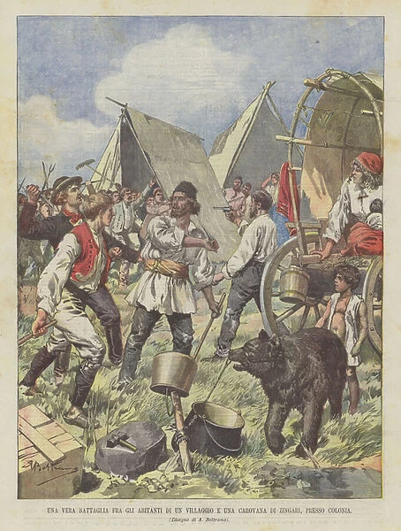 A Real Battle Between The Villagers And A Gypsy Caravan, Near Cologne (colour litho)