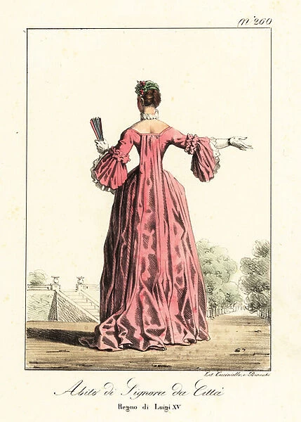 Rear view of a French woman in mid-18th century town costume. 1825 (lithograph)