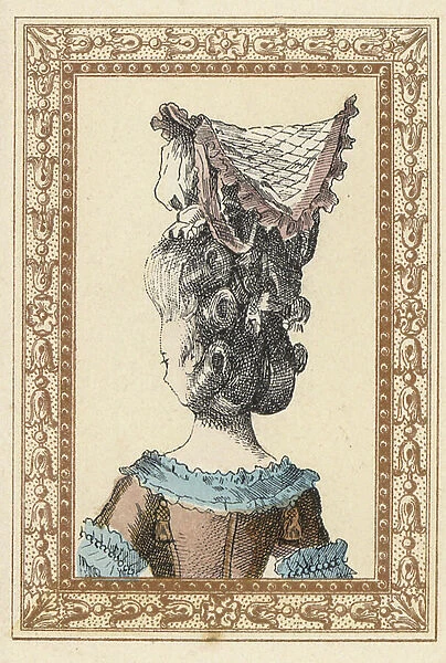 Rear view of woman in chignon plaited in three parts with a fichu bonnet. Handcoloured lithograph by de Laubadere from Octave Uzane's Stylish Hairstyle or Eccentric Finery from the era of King Louis XVI, Hairstyles de Style, La Parure Eccentric