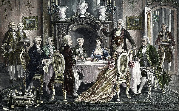 A reception organized by actor and theatre director Emanuel Schikaneder (1751-1812) in honour of Wolfgang Amadeus Mozart (1756-1791), sprinkled with champagne: from left to right Joseph Haydn (1732-1809), Johann Georg Albrechtsberger (1736-1809)