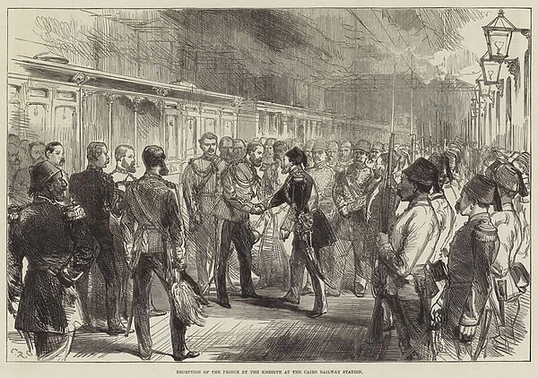 Reception of the Prince by the Khedive at the Cairo Railway Station (engraving)