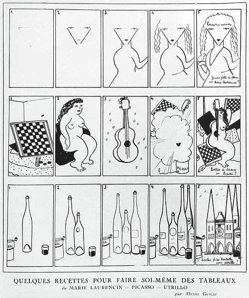 Some recipes to make our own paintings of Marie Laurencin, Picasso, Utrillo, caricature on Modern Art from L'Amour de l'art, Paris, 1925 (engraving)