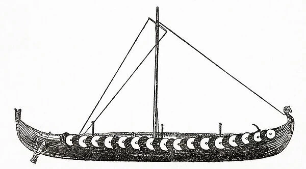 Reconstruction of The Gokstad ship, a Viking ship found in a burial mound at Gokstad farm in Sandar, Sandefjord, Vestfold, Norway. From The Romance of the Merchant Ship, published 1931