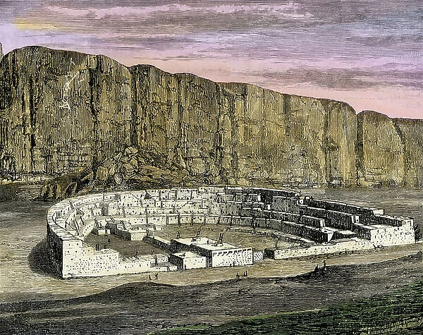 Reconstruction of the village Pueblo Bonito, ancestral site of the Precolombian Indians in Chaco Canyon, New Mexico, as it was around 1250 BC. Color lithography, 19th century