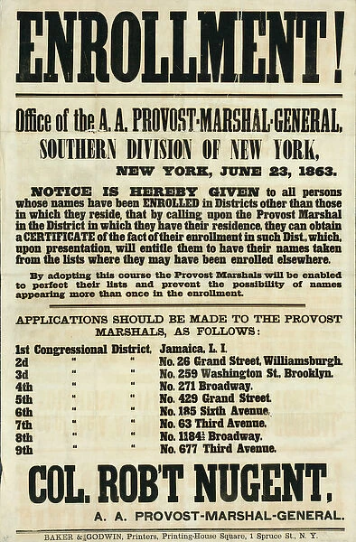 Recruitment Poster for the Southern Division of New York, 23rd June 1863 (litho)