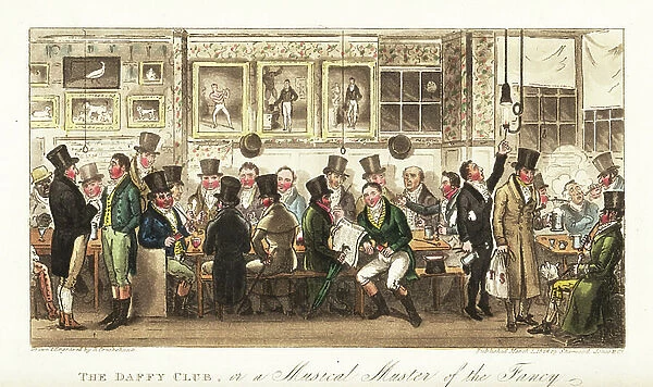 Regency gentlemen drinking gin at the Daffy Club, held in Tom Belcher's Castle Tavern, Holborn. Paintings of famous boxers including John Jackson, Daniel Mendoza, Tom Cribb and the fighting dog Trusty