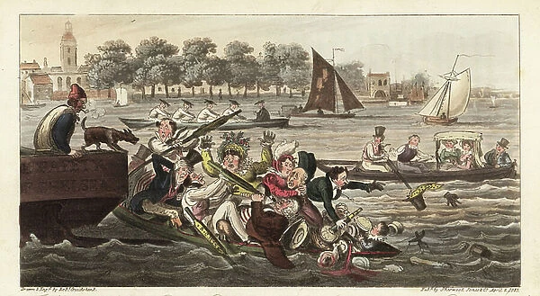 Regency water sports and an accident on the Thames near Richmond. An overloaded boat hits a barge on the river, while university rowers and yachts go by