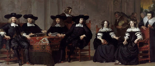 The Regents of the Old Men and Womens home in Amsterdam par Backer, Adriaen (ca 1635-1684). Oil on canvas, size : 197x457, 1676, Amsterdam Museum
