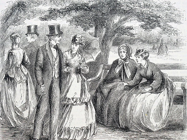 Rejection depicts woman of whom was rejected by the man walking past her with his new love. 1872 (engraving)