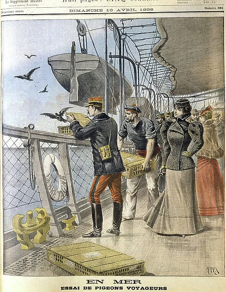 Releasing French army homing pigeons on board the transatlantic liner La Bretagne between Le Havre and New York, 1898 (print)
