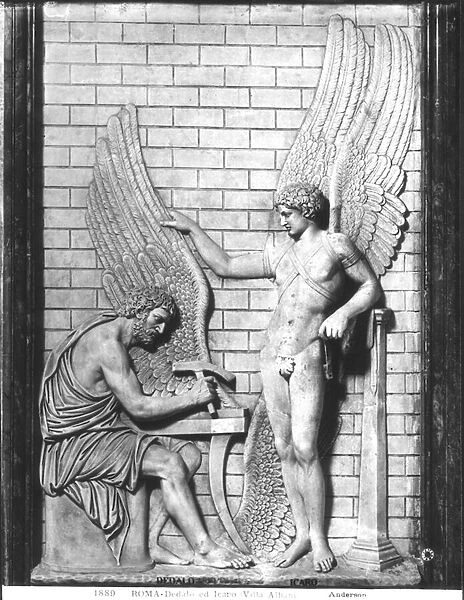 Relief depicting Daedalus and Icarus, 1st-2nd century (stone) (b  /  w photo)