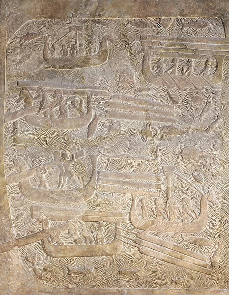 Relief depicting the unloading of wood after transportation by sea
