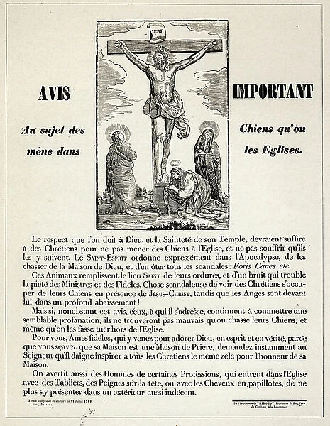 Religion. Catholic Religion. The entry of church forbidden to the dogs. Poster, France, 1749. (poster)