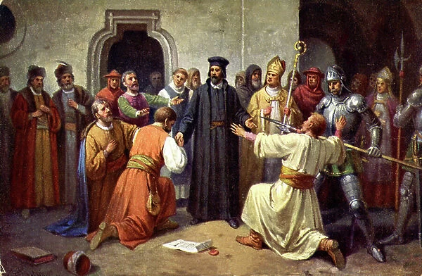 Religion. Protestantism. Jan Hus leaded to the stake, Council of Constance (Konstanz, Germany), 1415. Illustration, Czechoslovakia, c.1920
