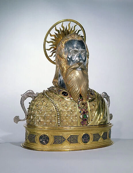 Reliquary of St. Andrew the Apostle, silver with gold plate, pearls, over 200 gems and 6 emeralds set on a bronze base (also see 58558)