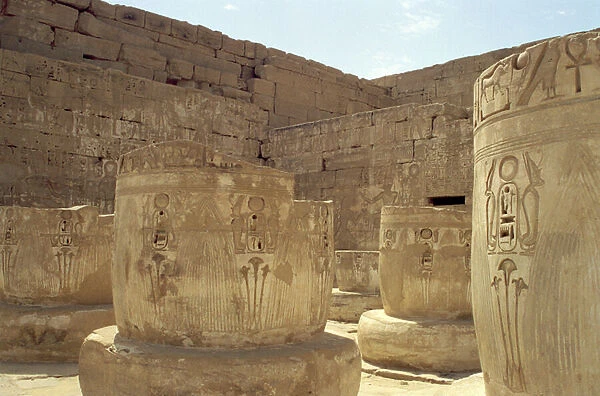 Remains of columns in the Hypostyle Hall of the Mortuary Temple of Ramesses III (c