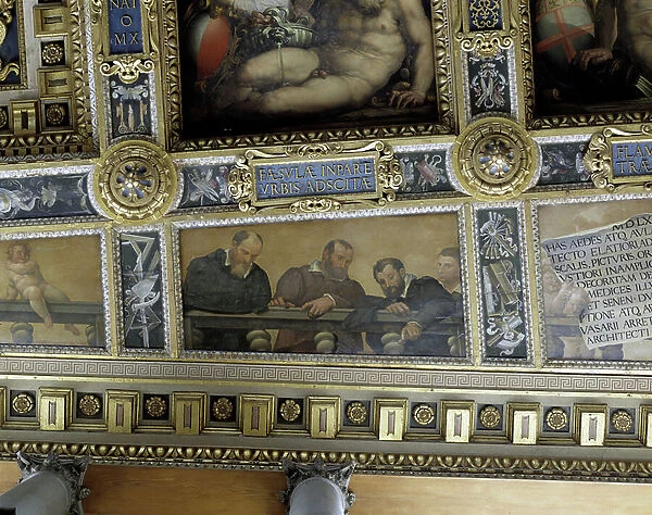 Representation of the craftsmen of Giorgio Vasari's workshop: from left to right: Bernardo di Mona Mattea, Battista Botticelli, Stefano Veltroni, Marco da Faenza. Oil on wood by Giorgio Vasari (1511-1574), 1565