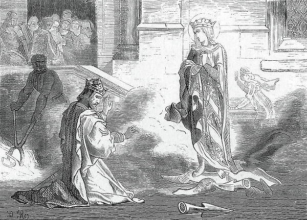 Representation of Emperor Henry II of the Holy Empire asking forgiveness to his wife Cunigunde of Luxembourg (Cunegundes, Cunegunda, and Cunegonda) (975-1033 / 1039) for doubting her virtue. 19th century (engraving)