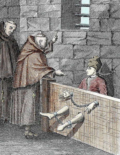 Representation of the French brigand Louis Dominique Garthausen dit Cartridge (1693-1721) in his cell visited by two monks Il a les membres embezzes dans un pillori (the french highwayman Cartridge in prison attached to the pillory)