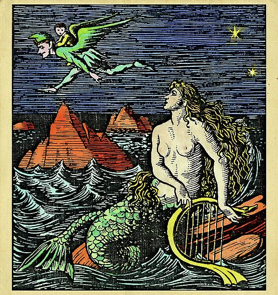Representation of a mermaid and an elf, imaginary creatures. Illustration by William de Morgan (1839-1917), 1877