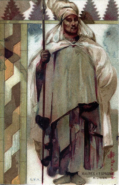 Representation of a Moorish militia, Muslim Spain (Medieval Muslim spain, moorish knight). Late 19th century (chromolithograph)