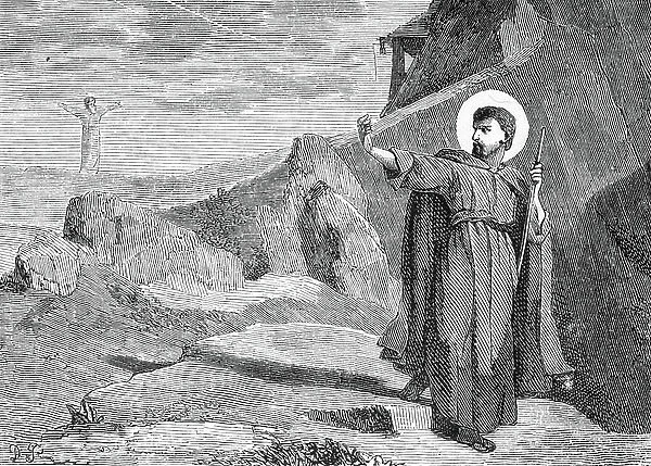 Representation of Saint Heliodore of Altino or Heliodore of Altinum (4th century) separating from Saint Jerome (Heliodorus of Altino leaving st Jerome) Engraving 19th century Private collection