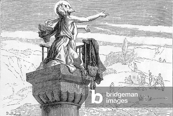 Representation of Saint Simeon the Stylite dit Simeon (Simon) the Elder (392-459) (St. Simeon Stylites or Symeon the Stylite). 19th century (engraving)