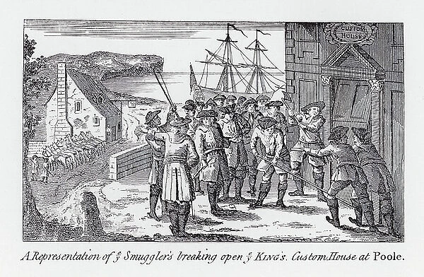 A Representation of ye Smuggler's breaking open ye King's. Custom House at Poole (litho)